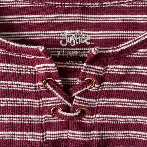 Justice Striped Top Girls 7 Maroon White Lettuce Edge Long Sleeve Shirt - Picture 3 of 7